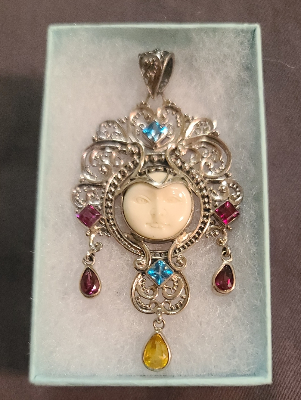 Beautiful Ornate Indonesian Carved Moon Face Multi Gem Pendant 925 Stamped Siver - Picture 12 of 14